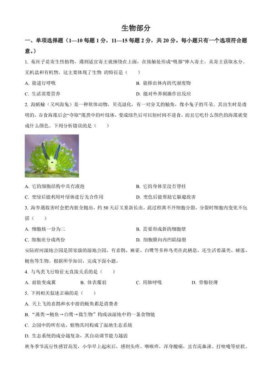 2025-2026学年湖北省孝感市安陆市八年级上学期期末生物学（无答案）试题第1页