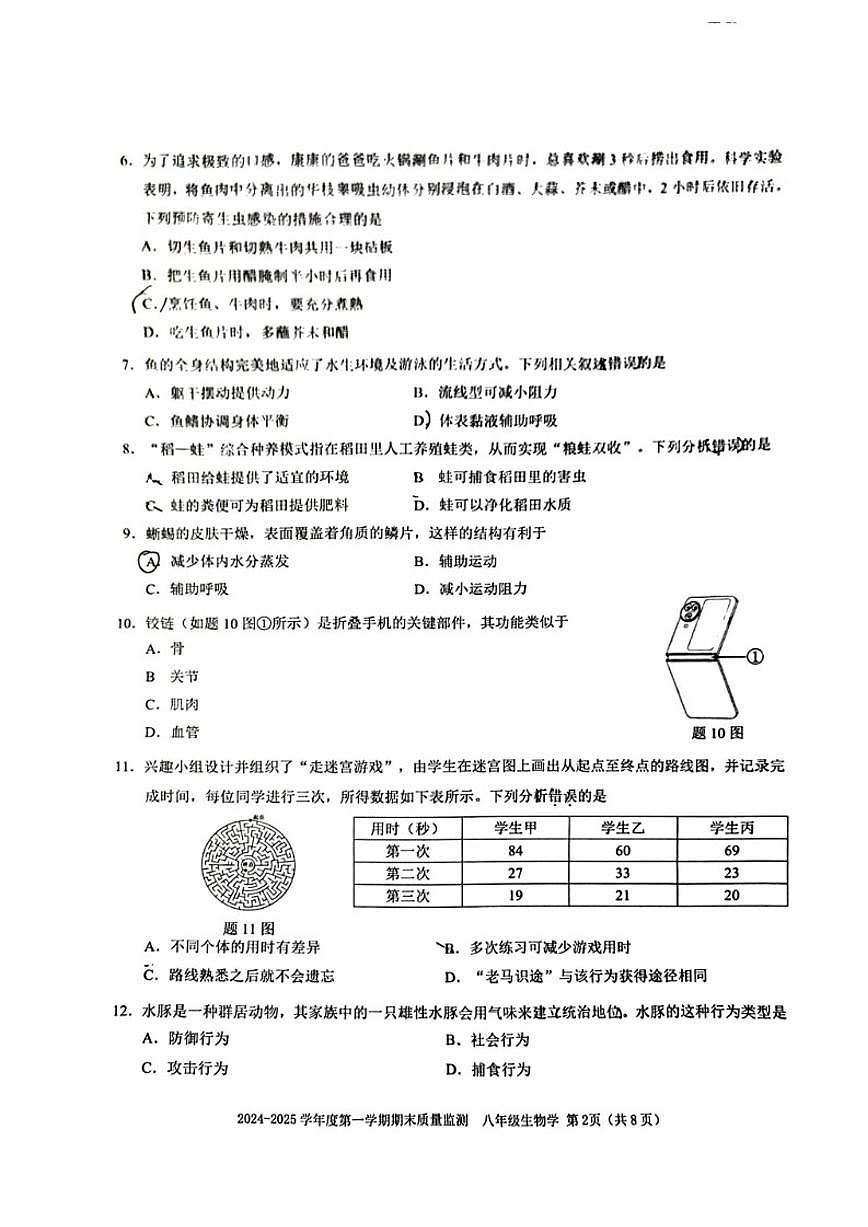 2024-2025学年广东省深圳市南山区八年级上学期期末生物学试题（含答案）第2页