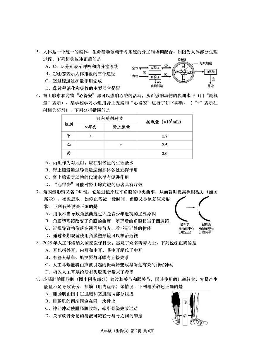 2025-2026学年江苏省南通市如皋市第一学期期末考试八年级生物试卷（含答案）第2页
