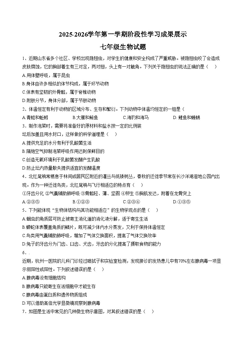 山东省德州市平原县龙门中学、平原二中、平原汇文中学等2025_2026学年七年级上学期1月月考生物试题（PDF版，含答案）第1页
