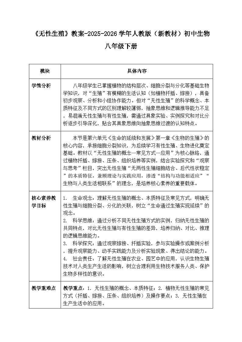 第六单元第一章第一节《无性生殖》教案-2025-2026学年人教版（新教材）初中生物八年级下册第1页