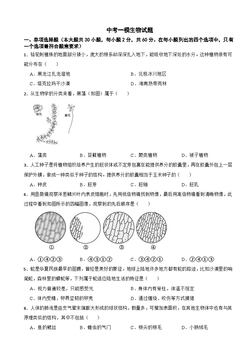 广东省江门市蓬江区2026年中考一模生物试题附答案第1页