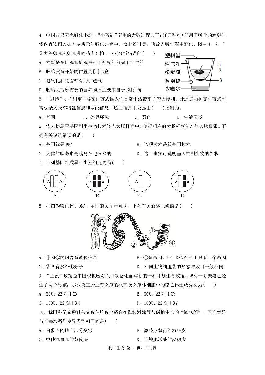 广东省深圳市高级中学八年级下学期期中考试生物试题第2页