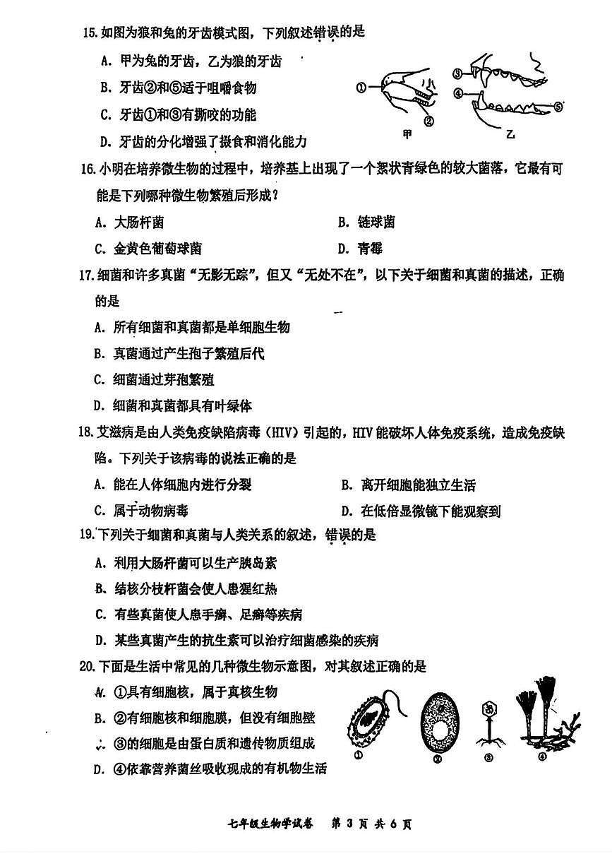 吉林长春市力旺实验初级中学2025-2026学年度上学期七年级期末生物教学诊断试题第3页