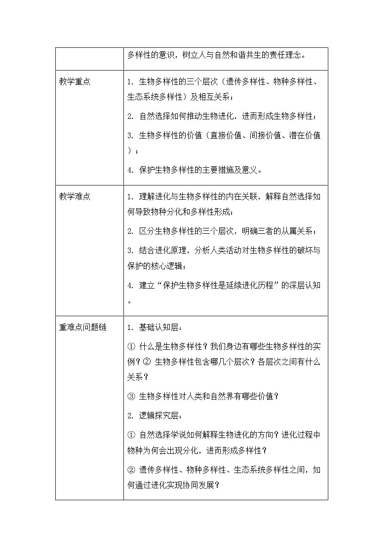 2026年春新教材人教版八年级下册生物第六单元第四章 生物多样性及其保护 教案【表格式】第2页