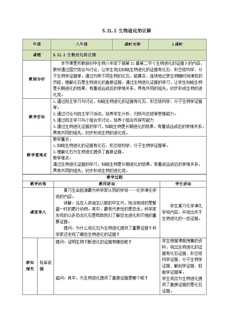 6.21.2 生物进化的证据（教学设计）生物新教材苏教版八年级下册第1页