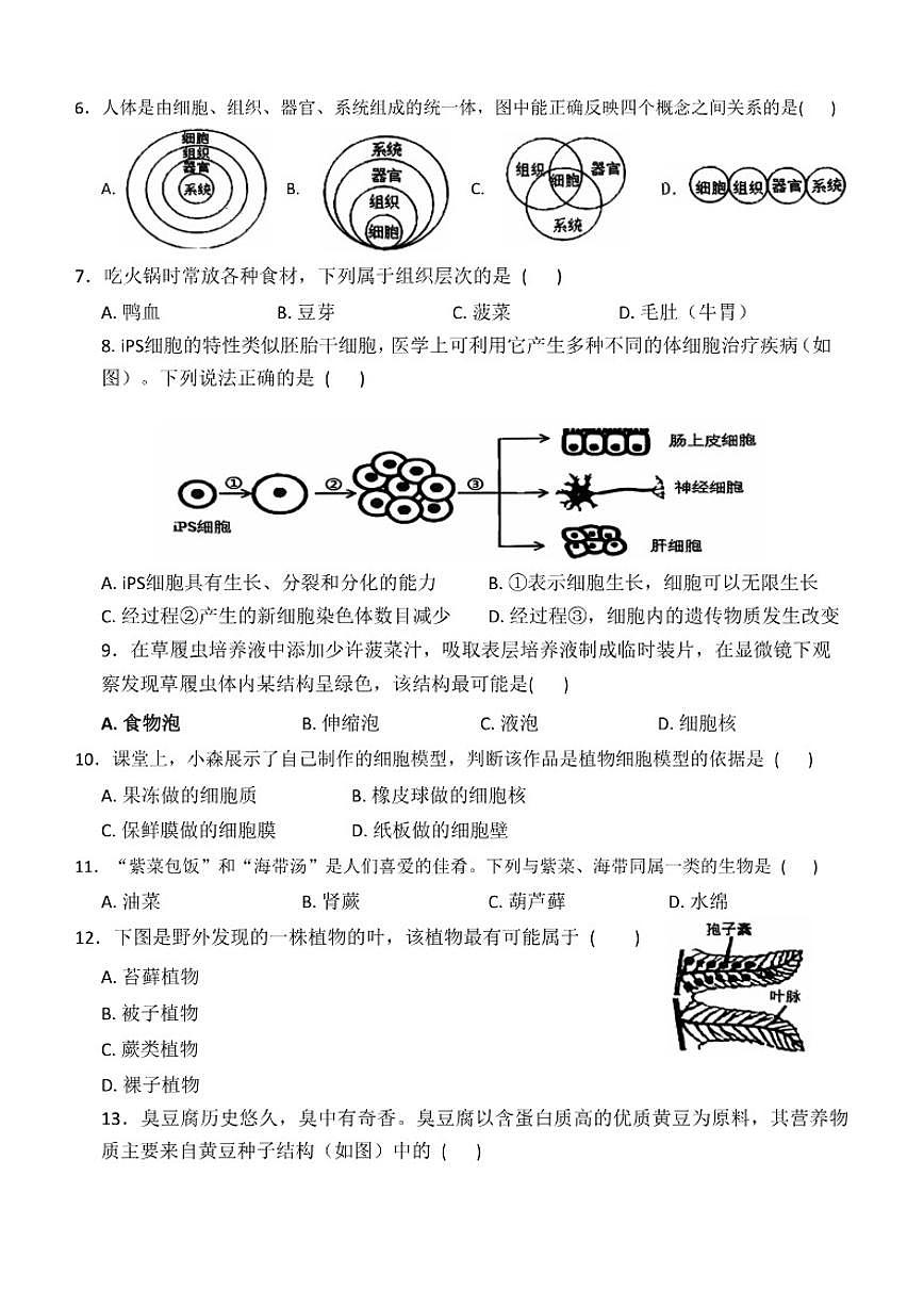 2025-2026学年广东省潮州市潮安区七年级上学期1月期末生物试题（含答案）第2页