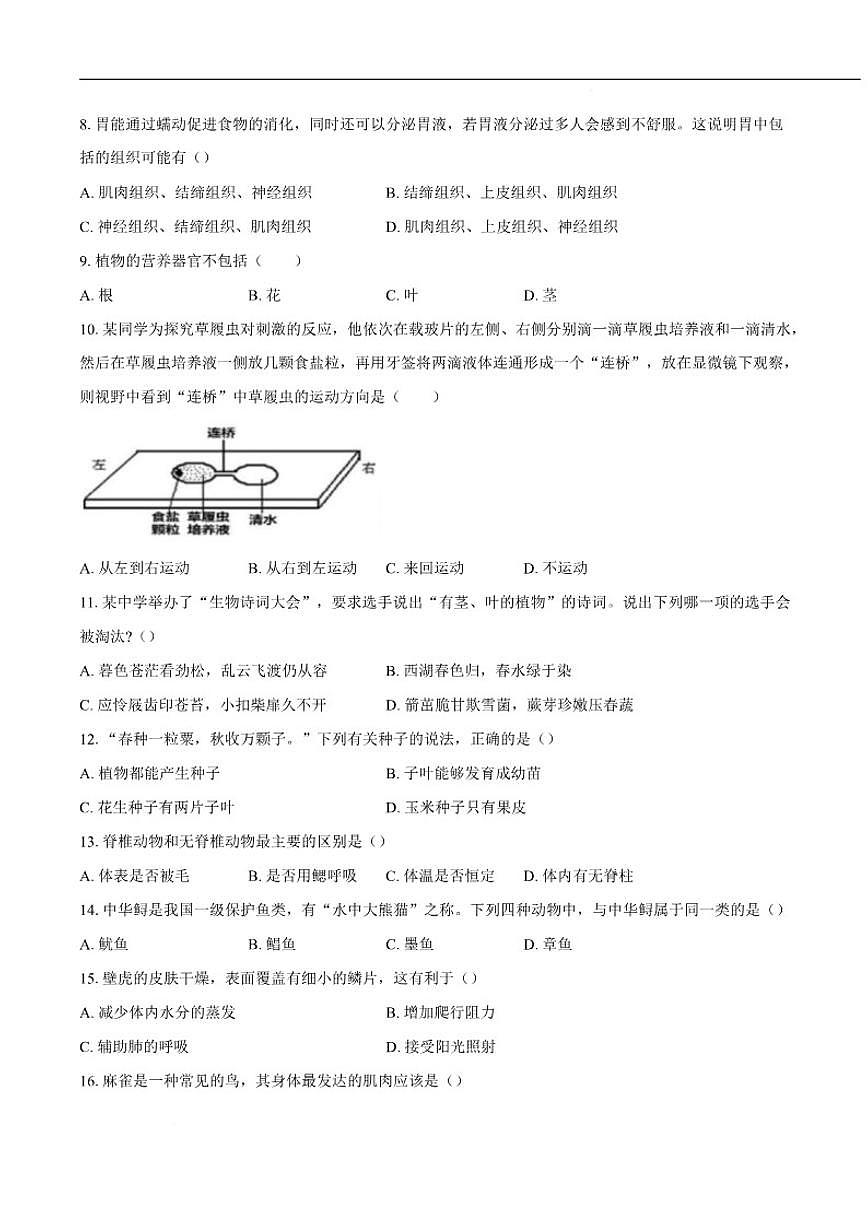 2025-2026学年安徽省六安市舒城县部分学校七年级上学期1月月考生物试卷（含答案）第3页