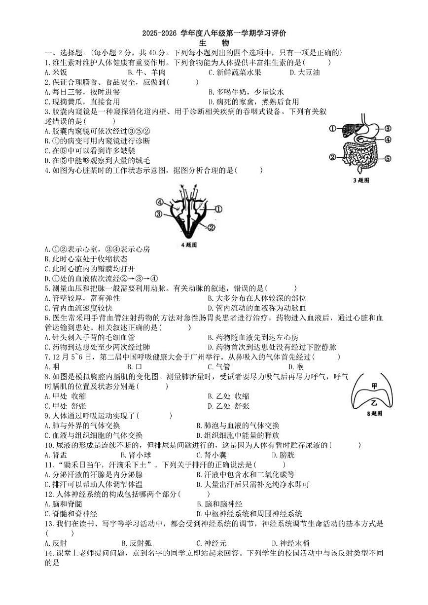 2025-2026学年甘肃省金昌市第七中学八年级上学期期末生物试题（含答案）第1页