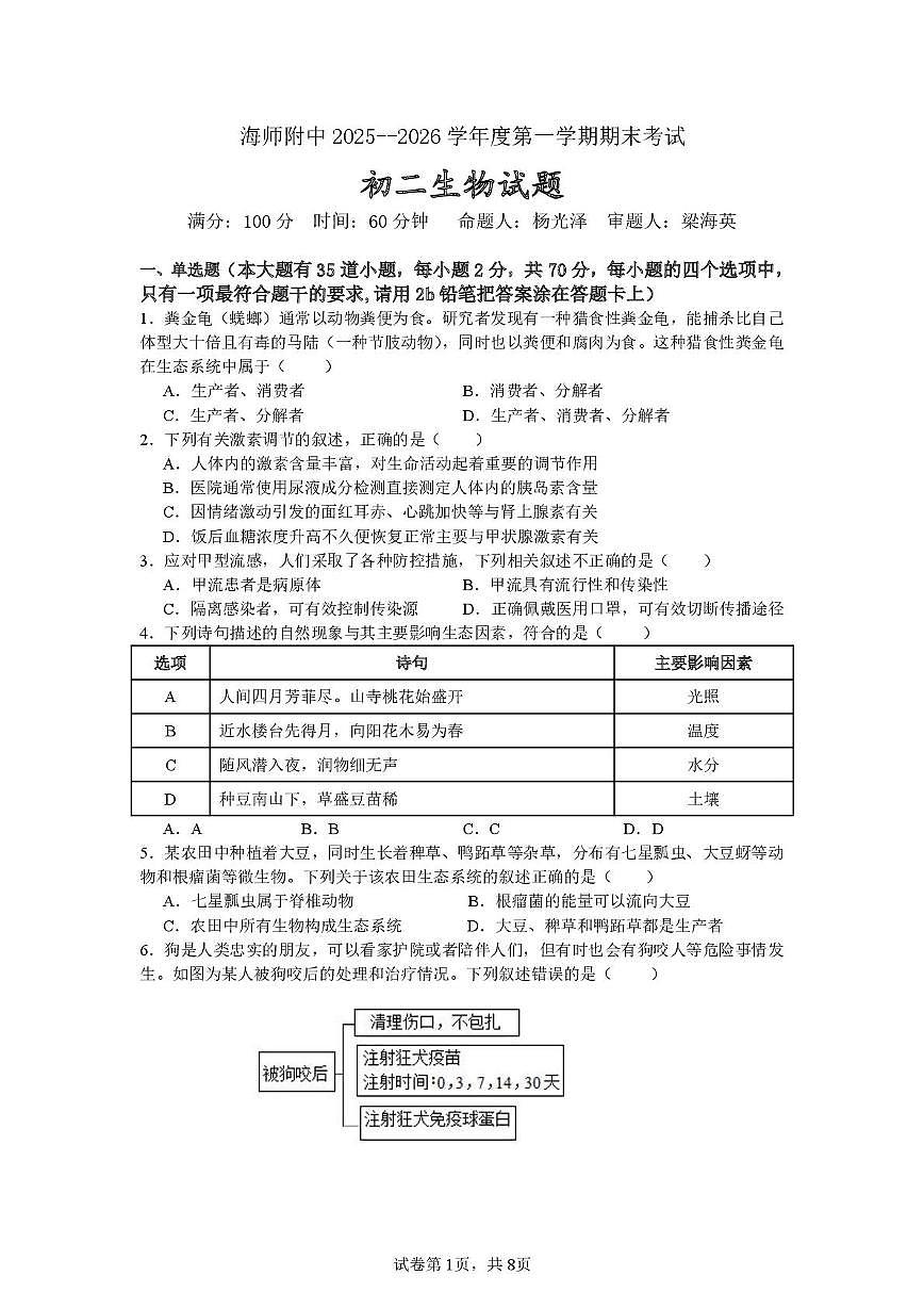 海南海口市海南师范大学附中2025--2026学年八年级第一学期期末考试 生物试题第1页