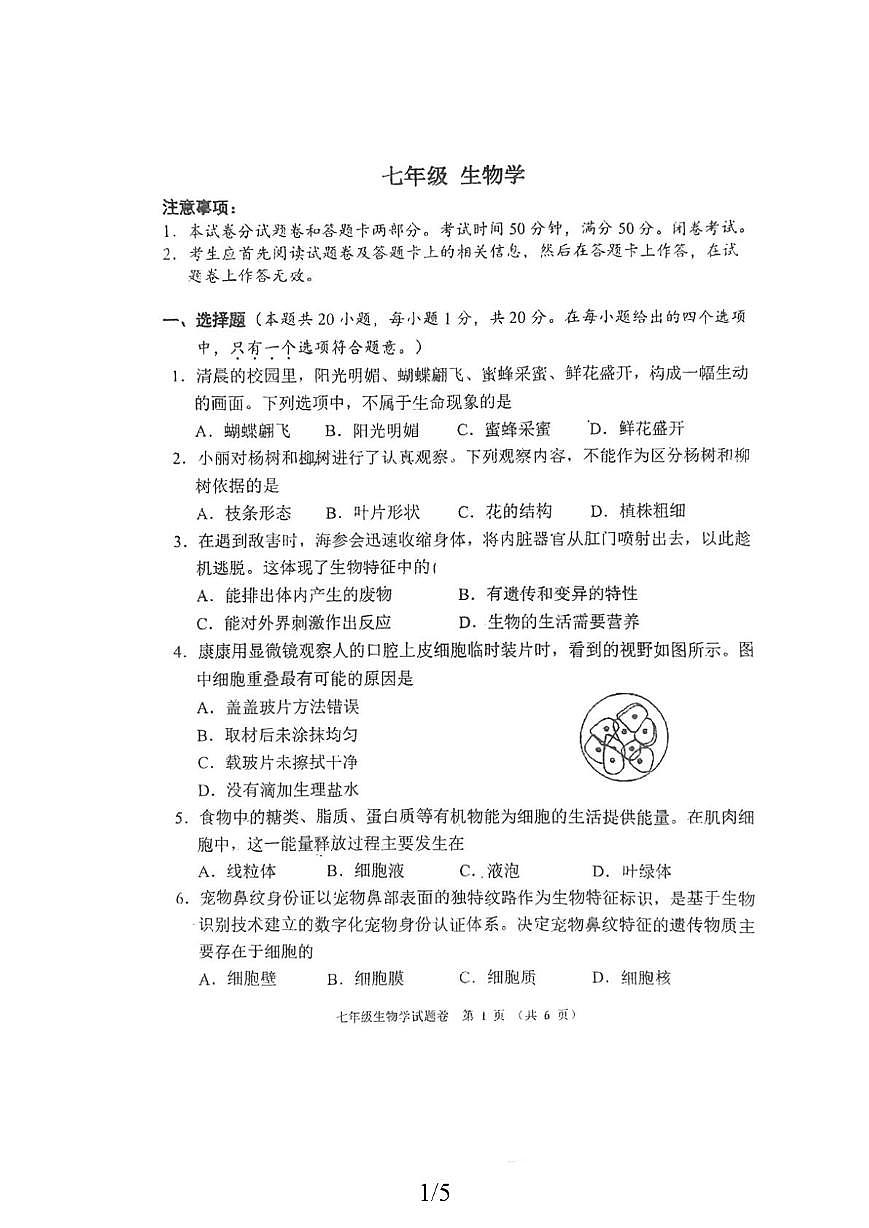 河南郑州市金水一中2025-2026学年七年级上学期期末生物考试试卷第1页