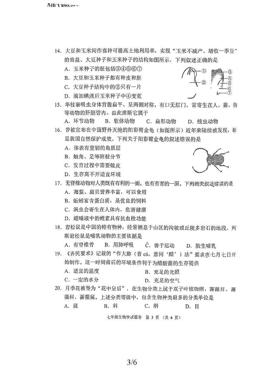 河南郑州市金水一中2025-2026学年七年级上学期期末生物试卷第3页