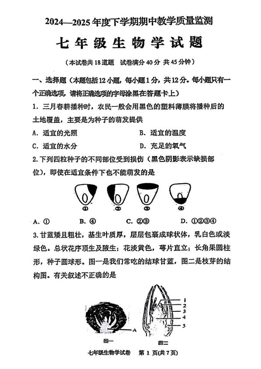 2024-2025学年辽宁省丹东市东港市七下期中生物试卷（含答案）第1页