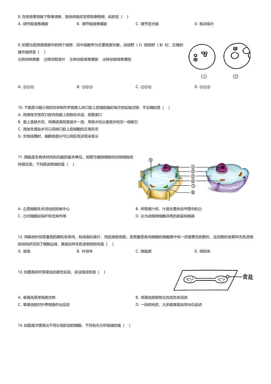 2025~2026学年山东济南历城区初一上学期期中生物试卷（有答案解析）第2页