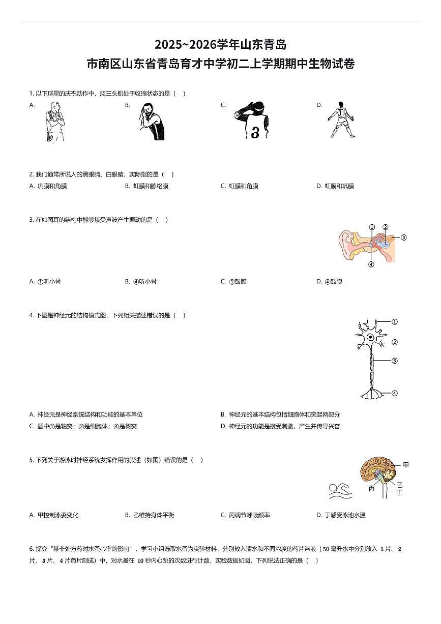 2025~2026学年山东青岛市南区山东省青岛育才中学初二上学期期中生物试卷（有答案解析）第1页