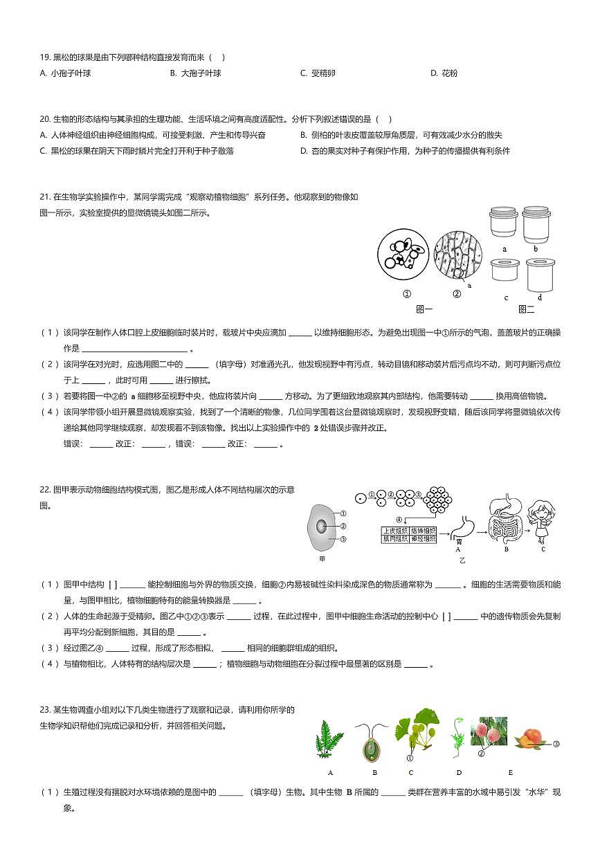 2025~2026学年山东潍坊青州市初一上学期期中生物试卷（有答案解析）第3页