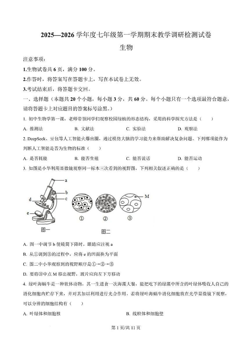 2025-2026学年内蒙古包头市昆都仑区七年级上学期期末考试生物试卷（含答案）第1页