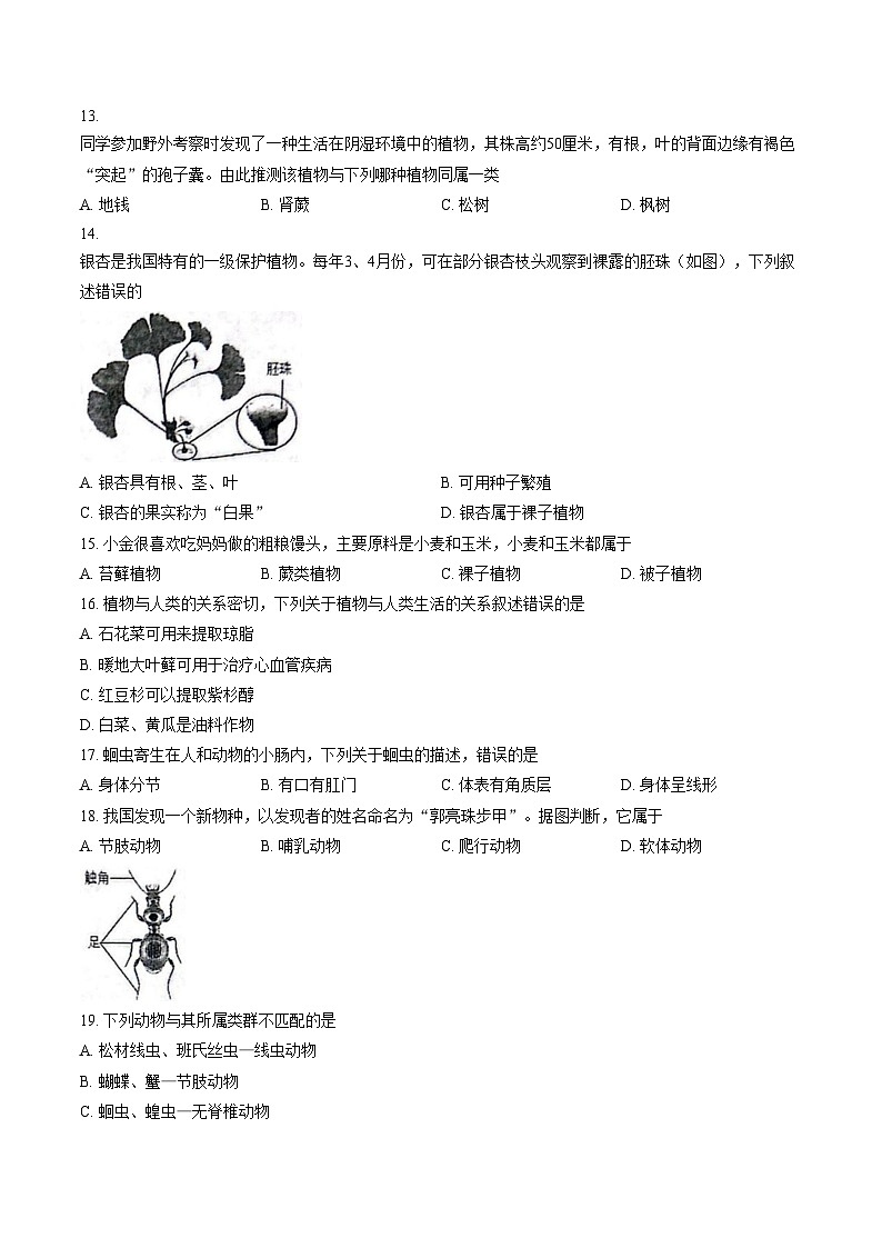 云南省大理州大理市2024_2025学年七年级上学期期末生物试卷（文字版，含答案）第3页