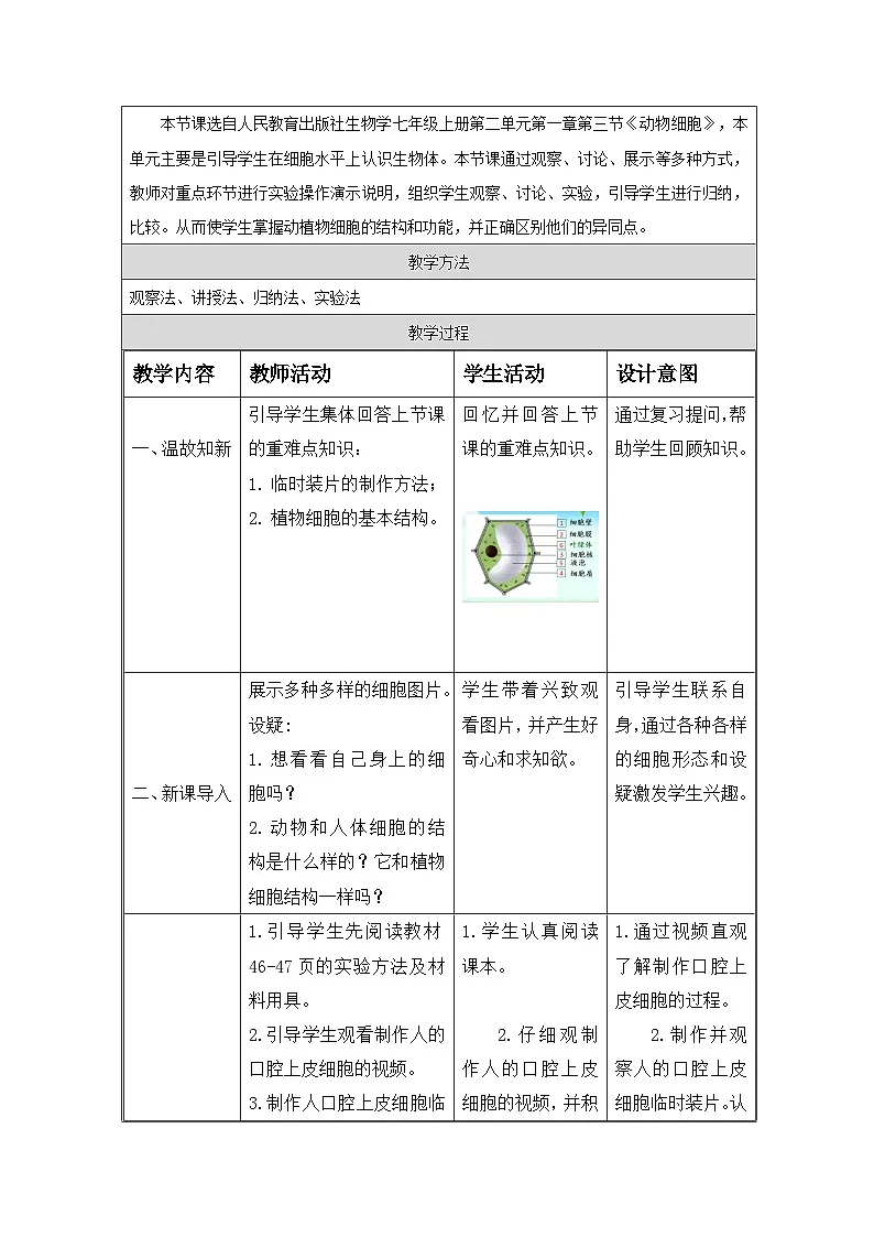 人教版初中生物七年级上册（2024）1.2.3 动物细胞 教学设计第2页