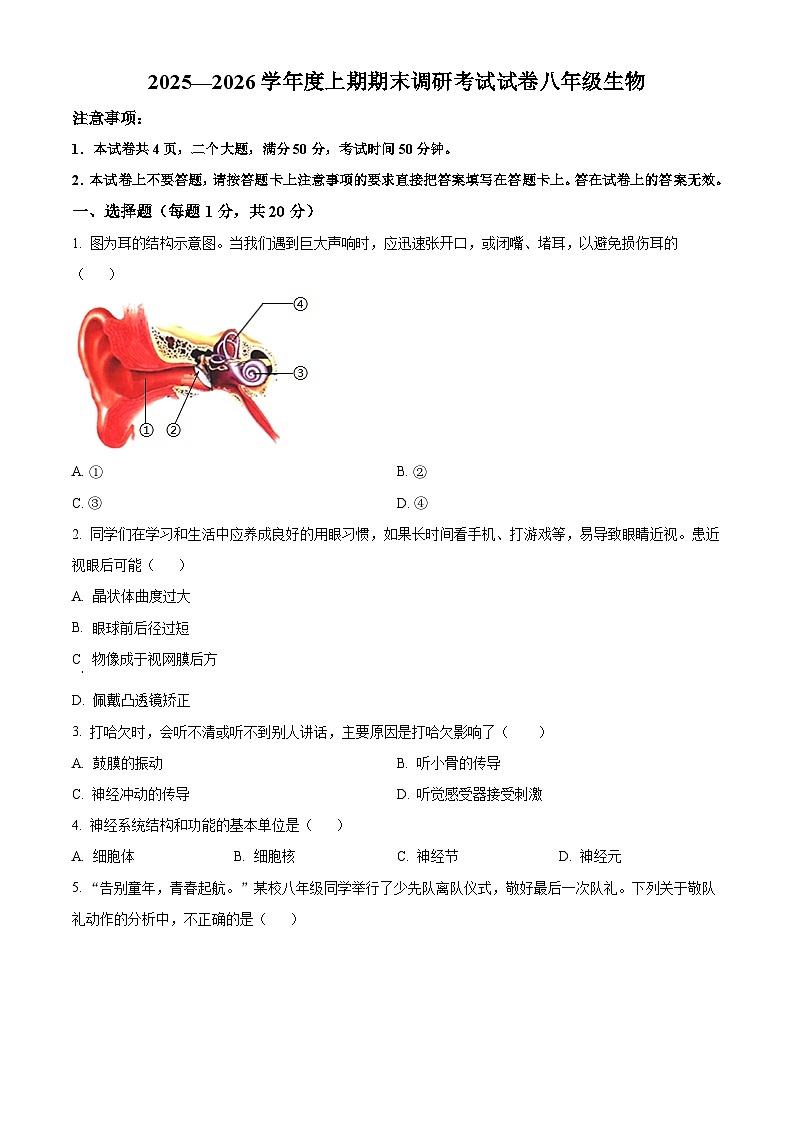 河南省信阳市光山县2025-2026学年上学期期末调研考试八年级生物试题（试卷+解析）第1页