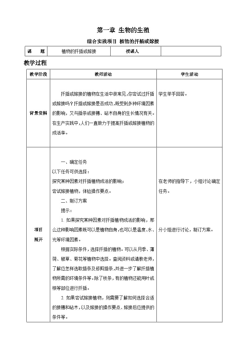 人教版（2024）生物八年级下册 第一章 综合实践项目  植物的扦插或嫁接（表格式教学设计）第1页