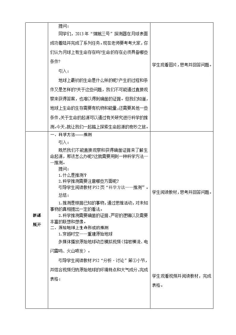 人教版（2024）生物八年级下册 6.3.1 地球上生命的起源（表格式教学设计）第3页
