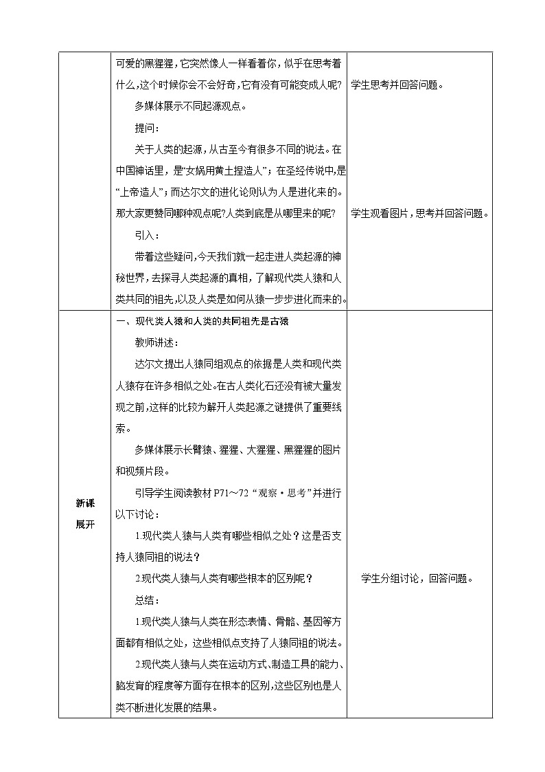 人教版（2024）生物八年级下册 6.3.4 人类的起源（表格式教学设计）第2页