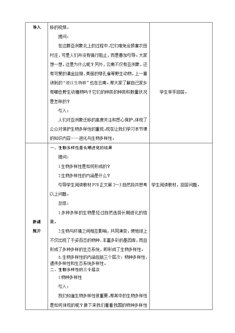 人教版（2024）生物八年级下册 6.4.1 进化与生物多样性（表格式教学设计）第2页