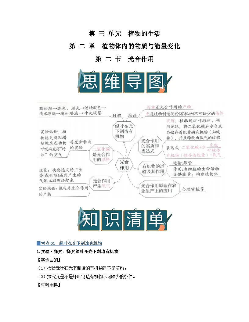 第三单元 第2章 第2节 光合作用 2025-2026学年初中生物人教版2024七年级下册同步讲义（原卷版）第1页