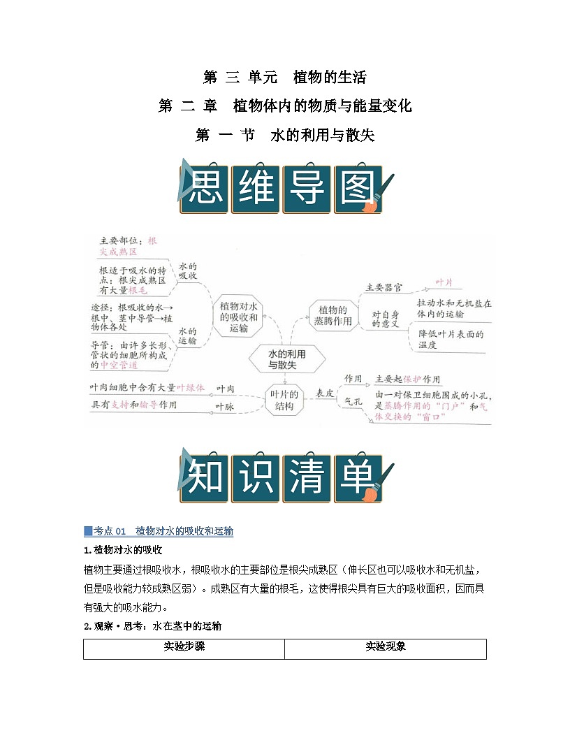 第三单元 第2章 第1节 水的利用与散失 2025-2026学年初中生物人教版2024七年级下册同步讲义（解析版）第1页
