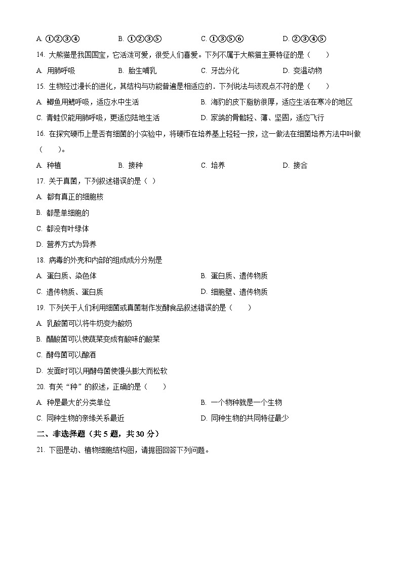 河南周口市沈丘县2025-2026学年度上学期期末考试七年级生物试卷（试卷+解析）第3页