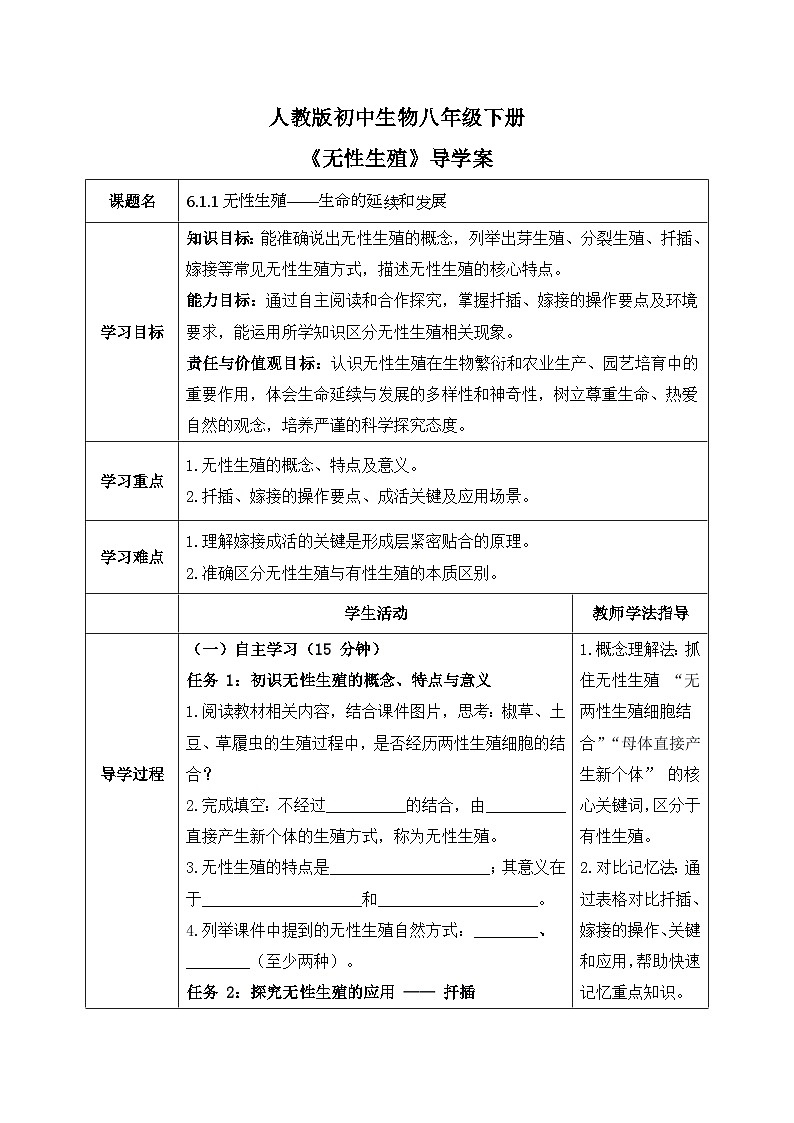 6.1.1无性生殖【导学案】——2026年初中生物八年级下册人教版 - 学生版第1页