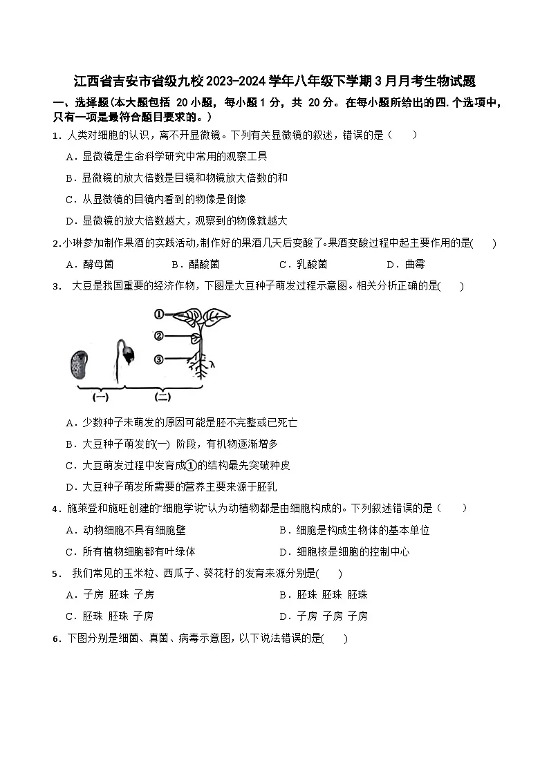 江西省吉安市省级九校2023-2024学年八年级下学期3月月考生物试题+第1页