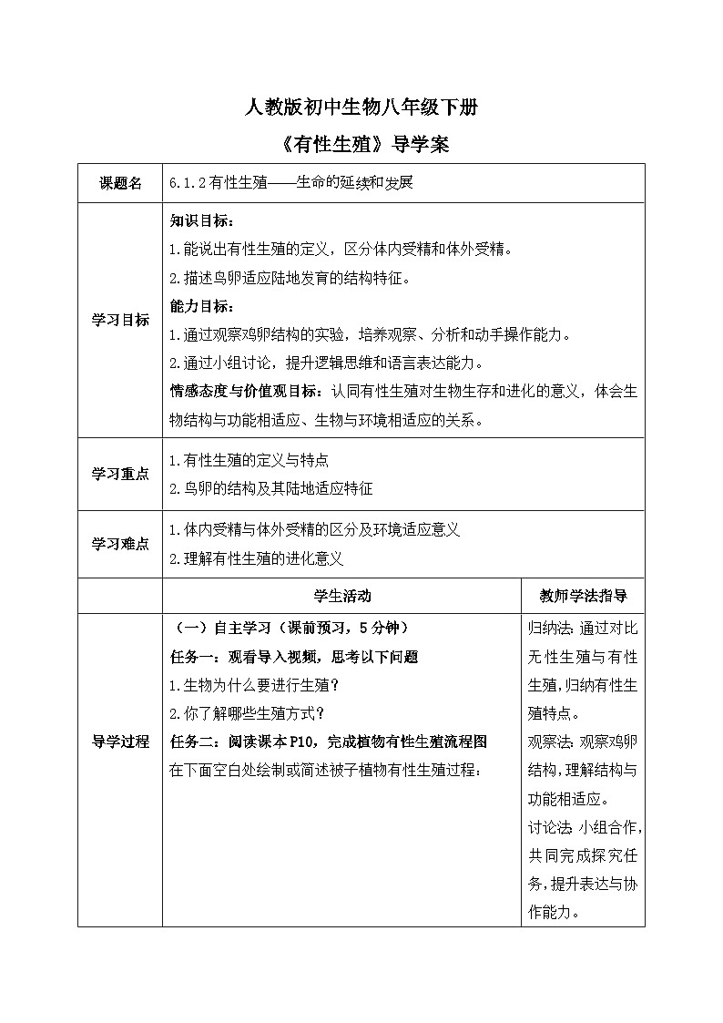 6.1.2有性生殖——生命的延续和发展【导学案】——2026年初中生物八年级下册人教版docx--学生版第1页