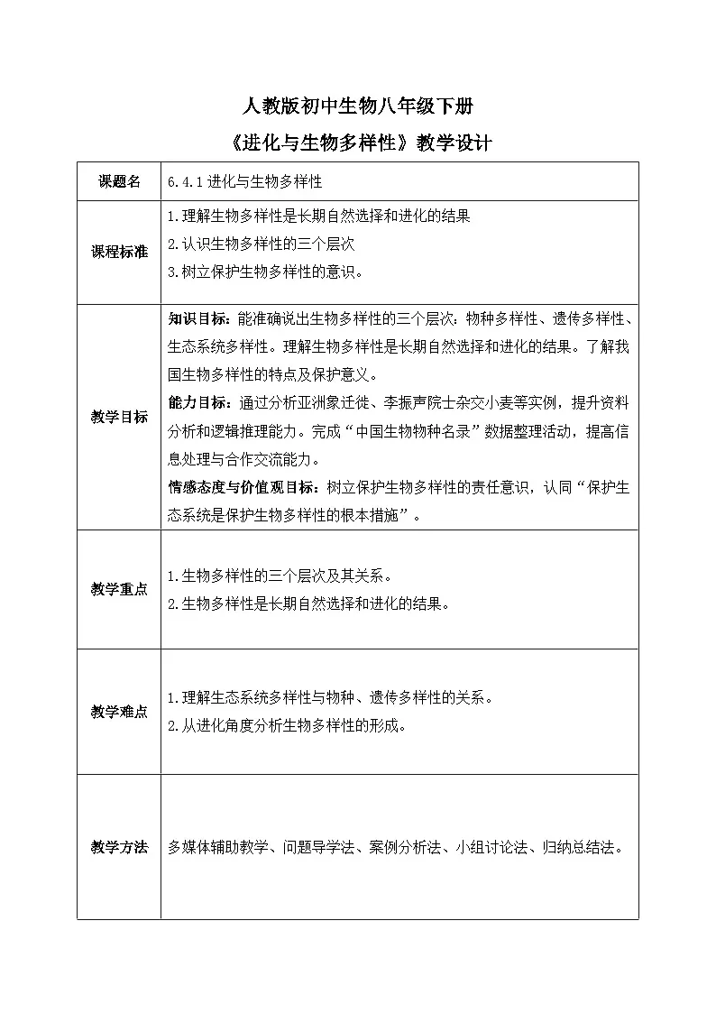 6.4.1进化与生物多样性——生命的延续和发展【教学设计】——2026年初中生物八年级下册人教版第1页