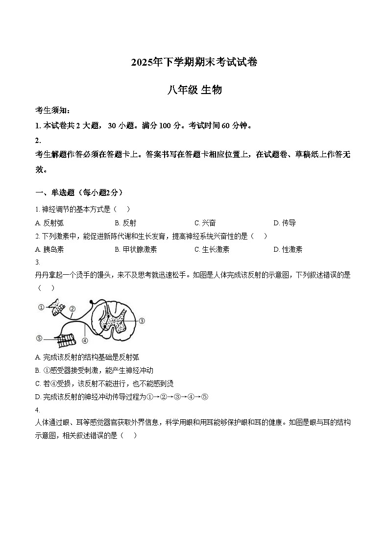 湖南省衡阳市市区2025_2026学年八年级上学期1月期末生物试题（文字版，含答案）第1页