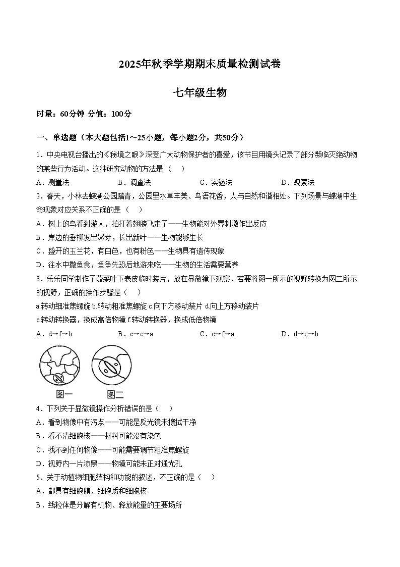 湖南省邵阳市洞口县2025_2026学年七年级上学期期末质量监测生物试题卷（文字版，含答案）第1页