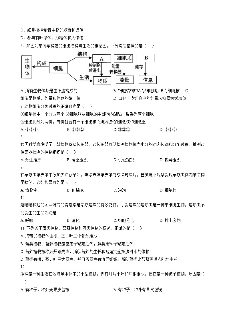 湖南省邵阳市洞口县2025_2026学年七年级上学期期末质量监测生物试题卷（文字版，含答案）第2页