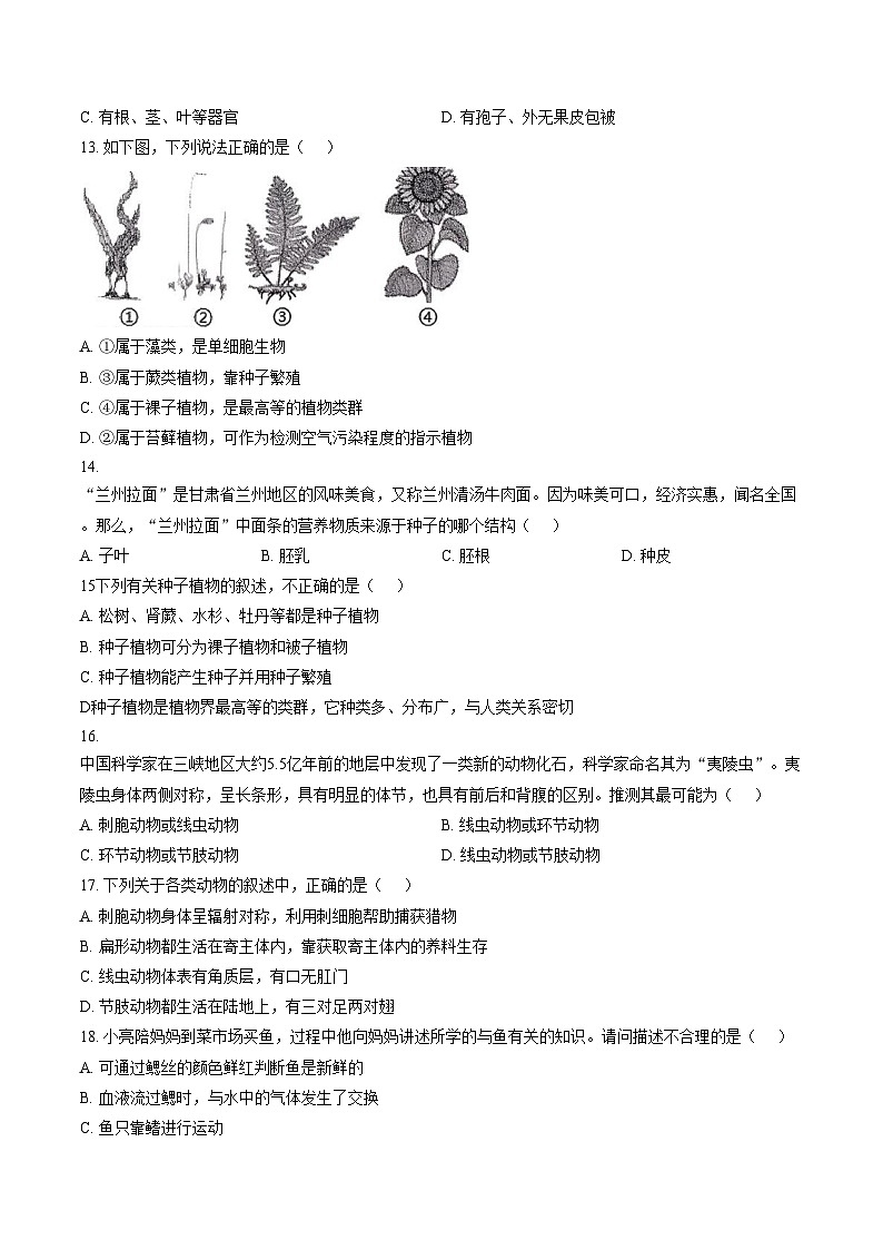 湖南省邵阳市洞口县2025_2026学年七年级上学期期末质量监测生物试题卷（文字版，含答案）第3页