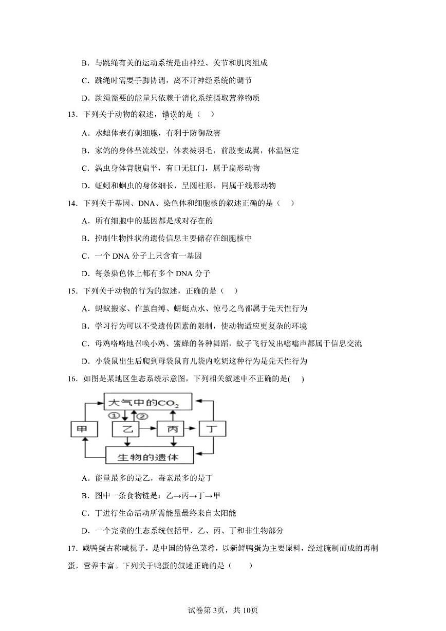 2025-2026学年八年级下册3月生物新人教版自测试题（含答案）第3页