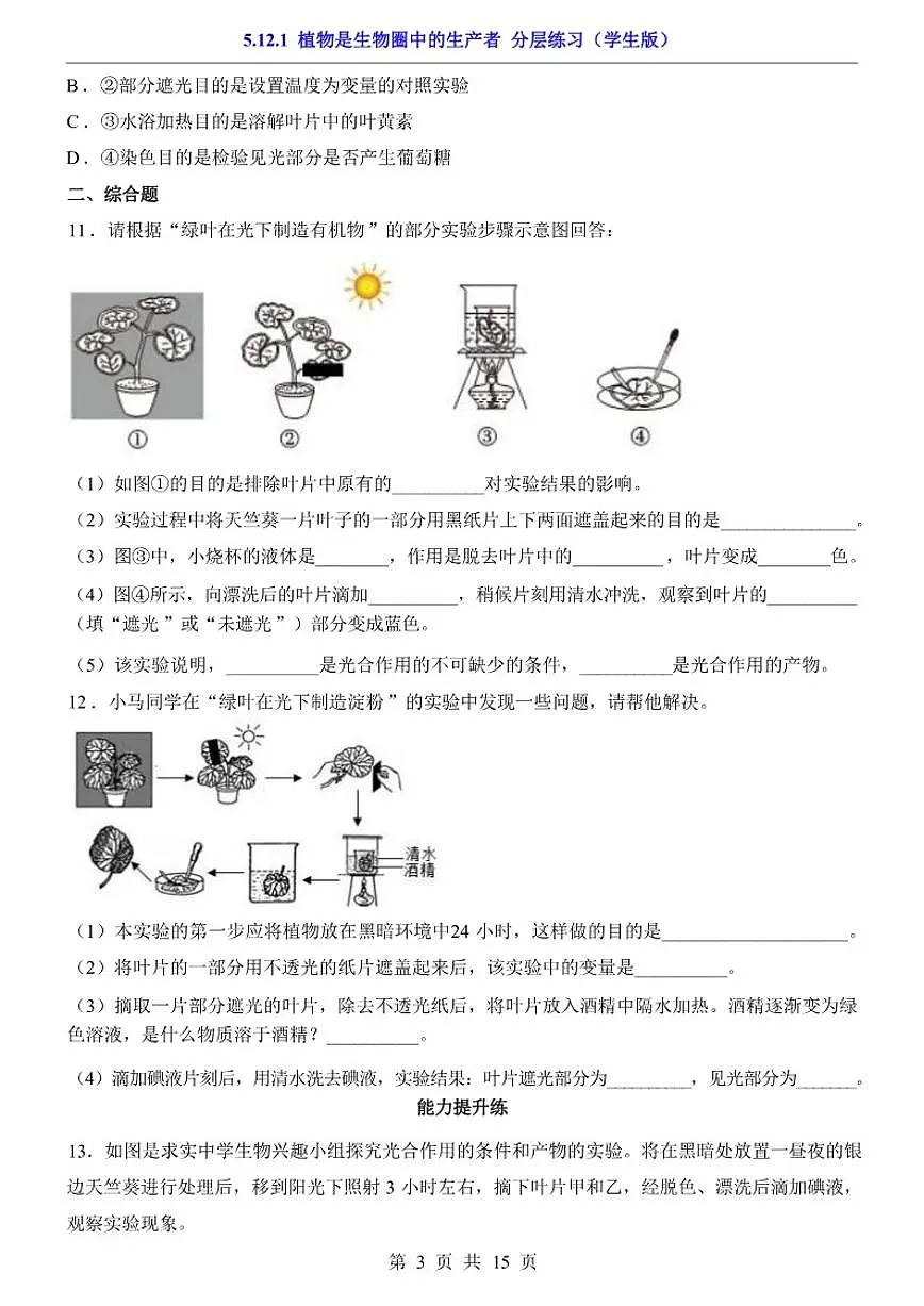 5.12.1植物是生物圈中的生产者分层练习一课一练（学生版＋解析版）苏科版（2024）七年级下册第3页