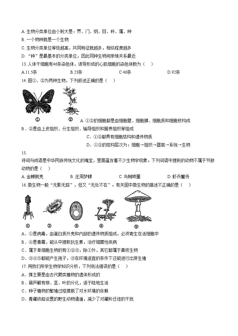 福建省莆田市秀屿区2025_2026学年七年级上学期期末生物学试题（文字版，含答案）第3页