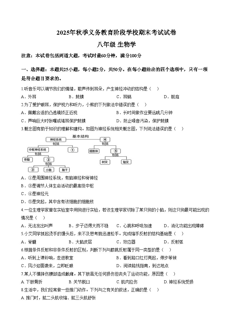 湖南省湘西土家族苗族自治州2025_2026学年八年级上学期期末考试生物试卷（文字版，含答案）第1页