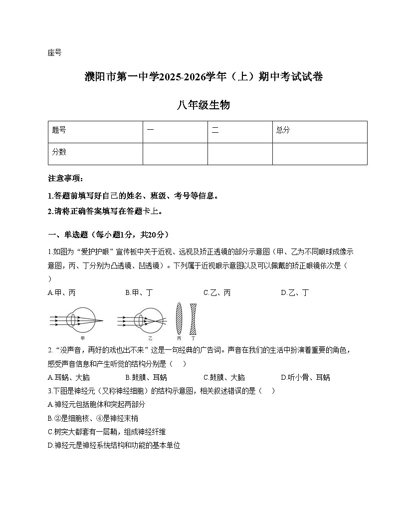 河南省濮阳市第一中学2025_2026学年八年级上学期期中考试生物试卷（文字版，含答案）第1页