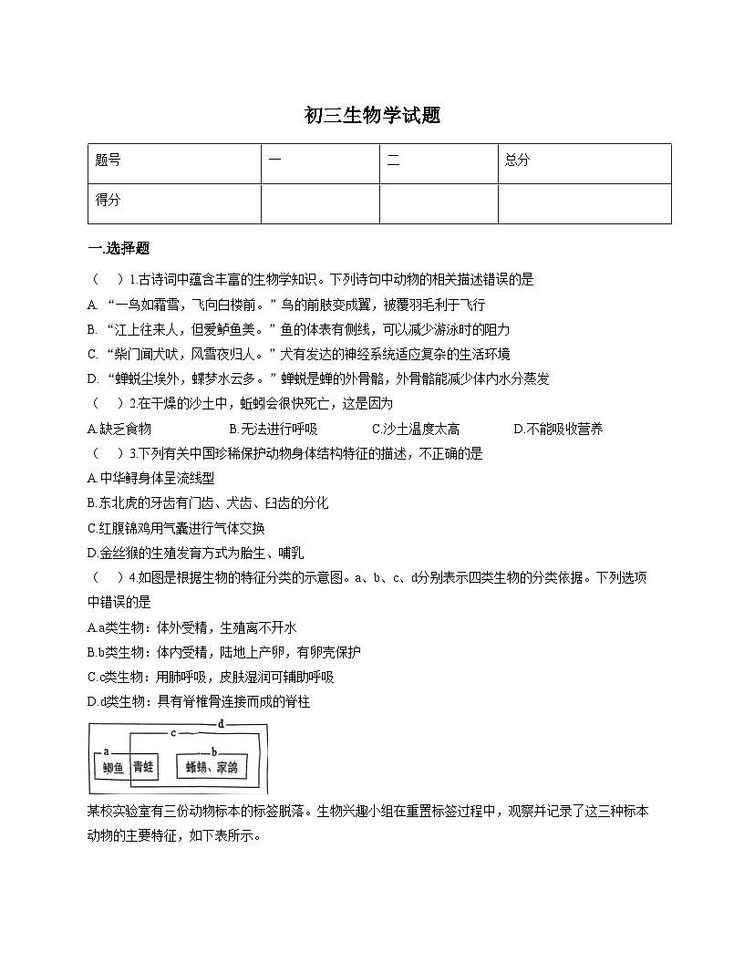 山东省淄博市淄川区2025__2026学年八年级上学期11月期中考试生物试题（文字版，含答案）第1页