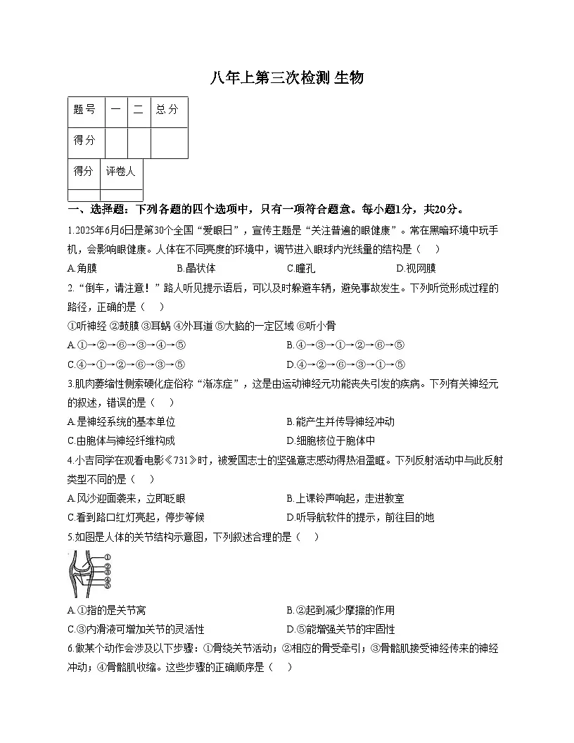 吉林省四平市2025_2026学年八年级上学期第三次检测生物试题（文字版，含答案）第1页