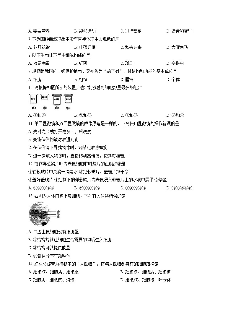 北京市铁路第二中学2025_2026学年七年级上学期期中考试生物试题（文字版，含答案）第2页