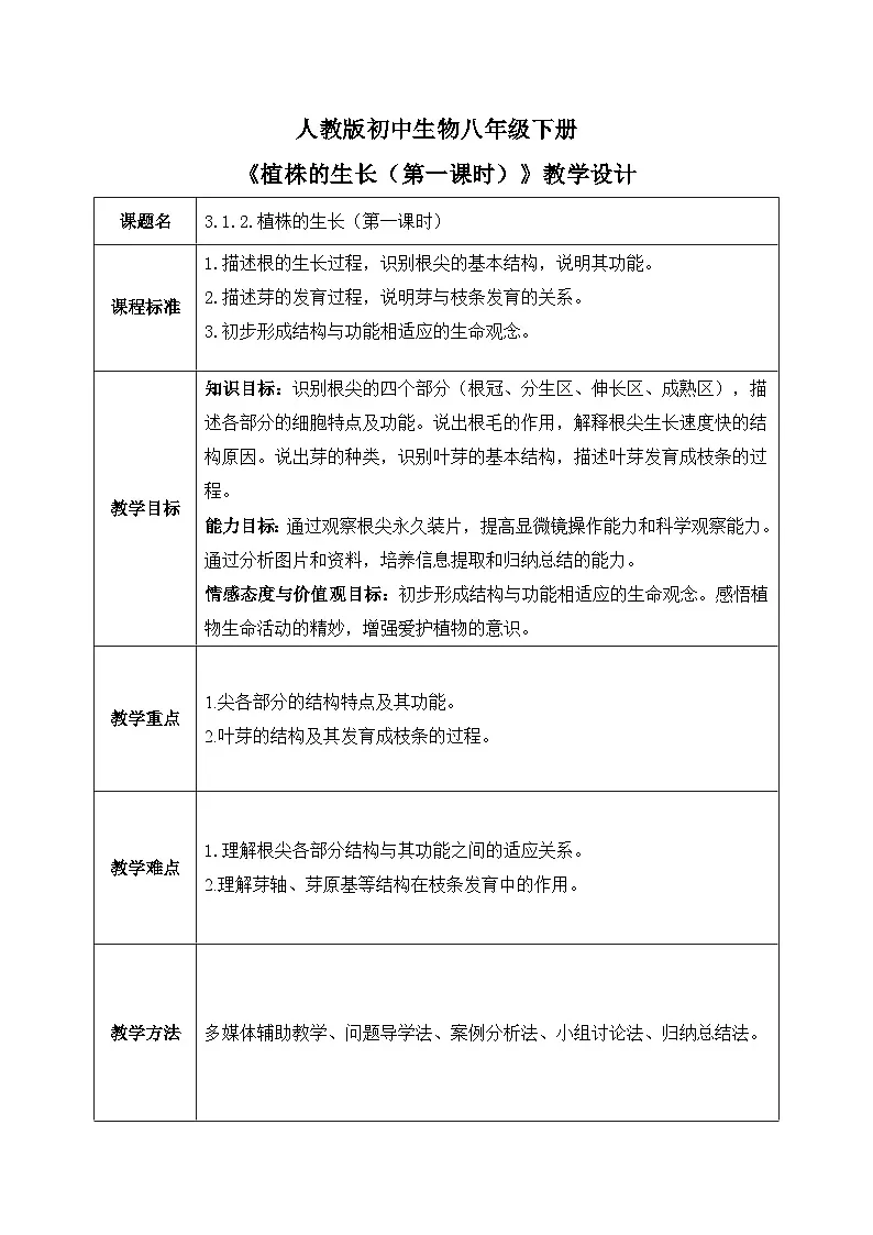 3.1.2.植株的生长（第一课时）【教学设计】——2026年初中生物七年级下册人教版第1页