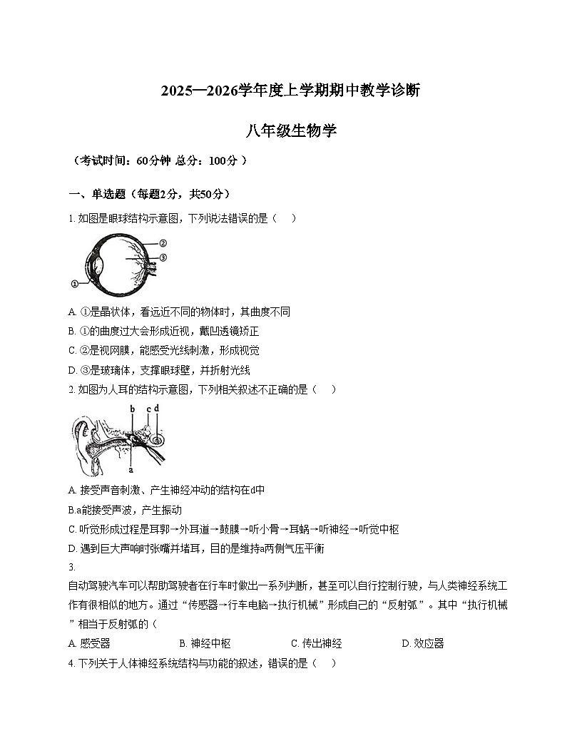 山东省临沂市蒙阴县2025_2026学年八年级上学期11月期中生物试题（文字版，含答案）第1页