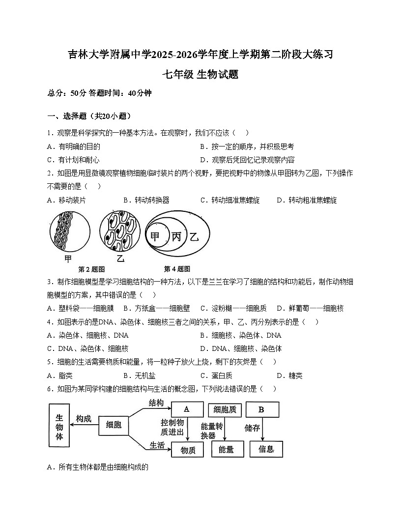 吉林省长春市吉林大学附属中学2025_2026学年七年级上学期期中生物考试卷（文字版，含答案）第1页
